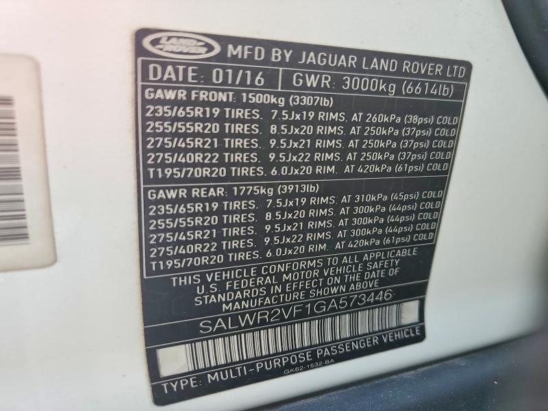 Aukcja sprzedaży 2016 Land Rover Range Rover Sport, vin: SALWR2VF1GA573446, numer aukcji: 60518656