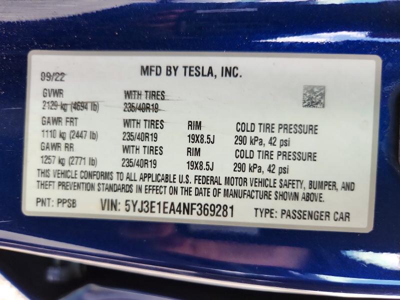 Aukcja sprzedaży 2022 Tesla Model 3, vin: 5YJ3E1EA4NF369281, numer aukcji: 63142946