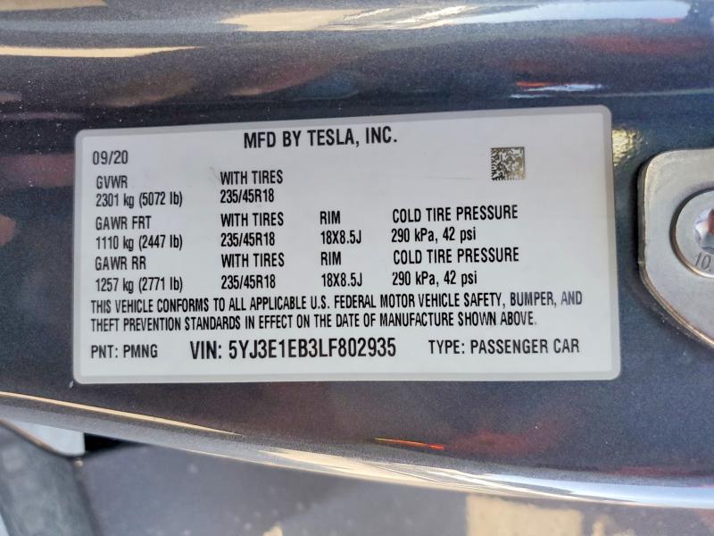 2020 Tesla Model 3 მანქანა იყიდება აუქციონზე, vin: 5YJ3E1EB3LF802935, აუქციონის ნომერი: 63056466