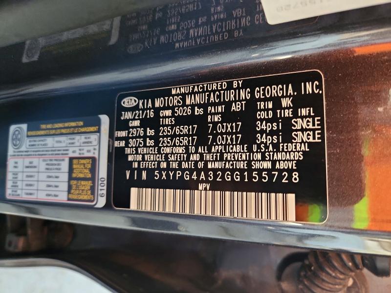 Продаж на аукціоні авто 2016 Kia Sorento, vin: 5XYPG4A32GG155728, номер лоту: 59578886