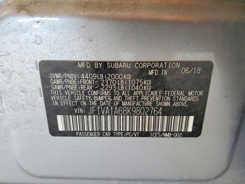 62692636 :رقم المزاد ، JF1VA1A68K9802764 vin ، 2019 Subaru Wrx مزاد بيع