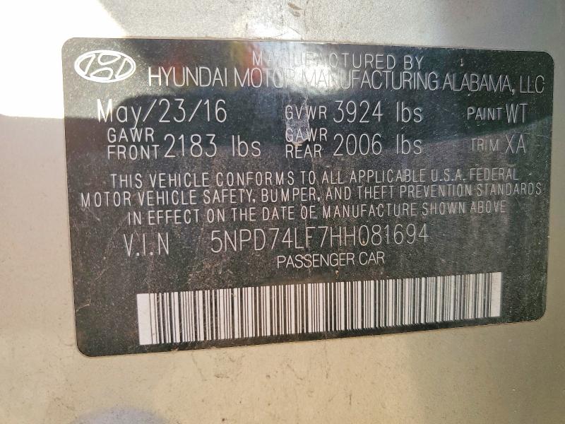2017 Hyundai Elantra მანქანა იყიდება აუქციონზე, vin: 5NPD74LF7HH081694, აუქციონის ნომერი: 58494916