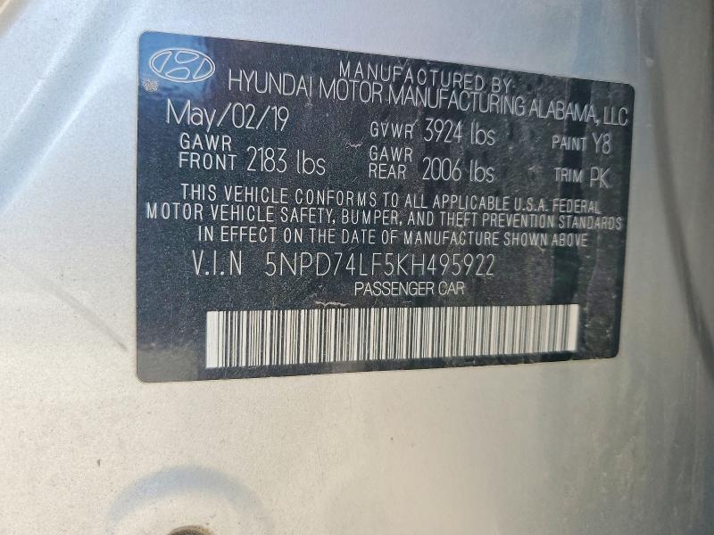 Продаж на аукціоні авто 2019 Hyundai Elantra, vin: 5NPD74LF5KH495922, номер лоту: 60244696