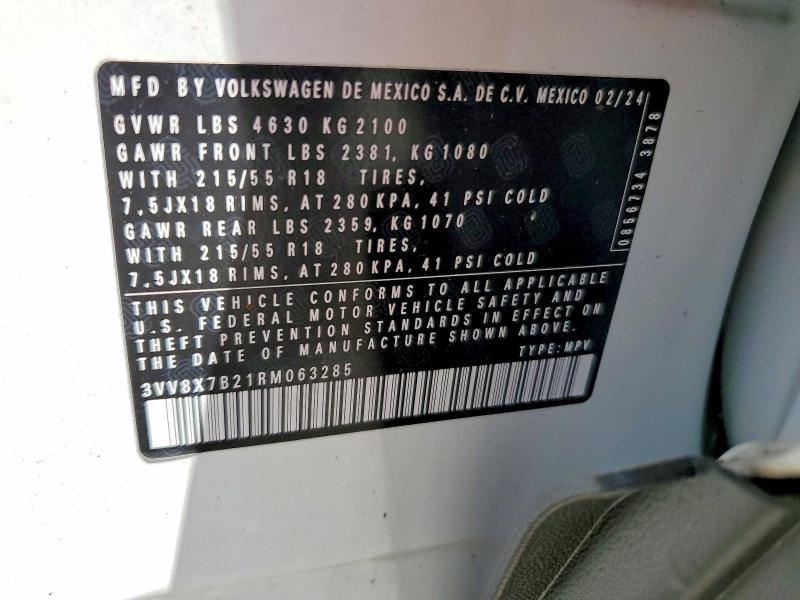 60466736 :رقم المزاد ، 3VV8X7B21RM063285 vin ، 2024 Volkswagen Taos مزاد بيع