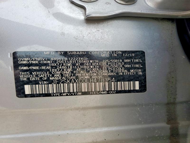 2020 Subaru Forester მანქანა იყიდება აუქციონზე, vin: JF2SKAXC0LH478354, აუქციონის ნომერი: 62071046