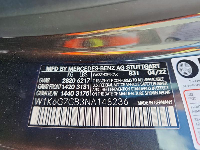 2022 Mercedes-benz S მანქანა იყიდება აუქციონზე, vin: W1K6G7GB3NA148236, აუქციონის ნომერი: 59705676