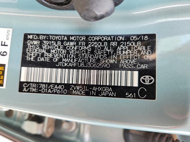 Aukcja sprzedaży 2018 Toyota Prius, vin: JTDKARFU8J3062590, numer aukcji: 61017856