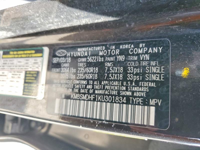 2019 Hyundai Santa Fe Xl მანქანა იყიდება აუქციონზე, vin: KM8SMDHF1KU301834, აუქციონის ნომერი: 62626516