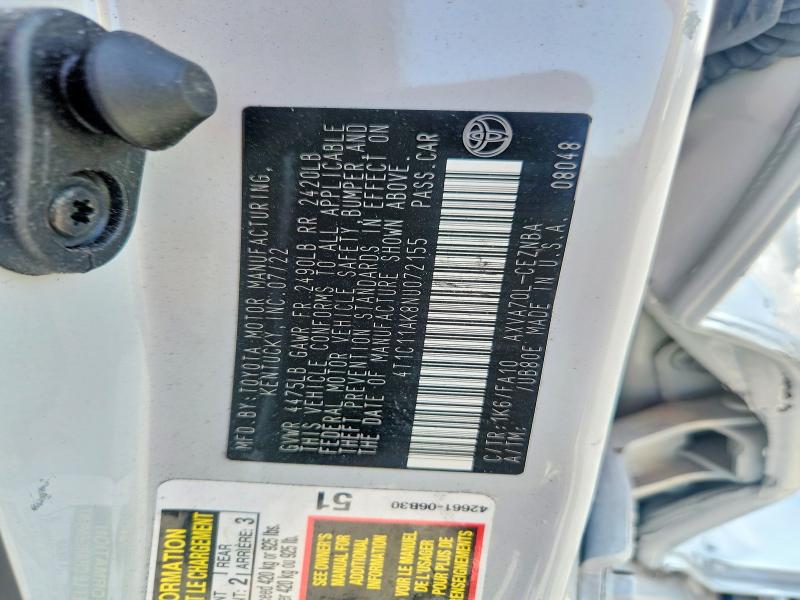 2022 Toyota Camry მანქანა იყიდება აუქციონზე, vin: 4T1C11AK8NU072155, აუქციონის ნომერი: 62813676