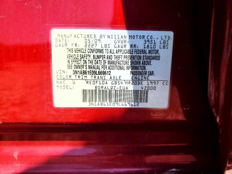 2009 Nissan Sentra მანქანა იყიდება აუქციონზე, vin: 3N1AB61E09L669612, აუქციონის ნომერი: 59617866