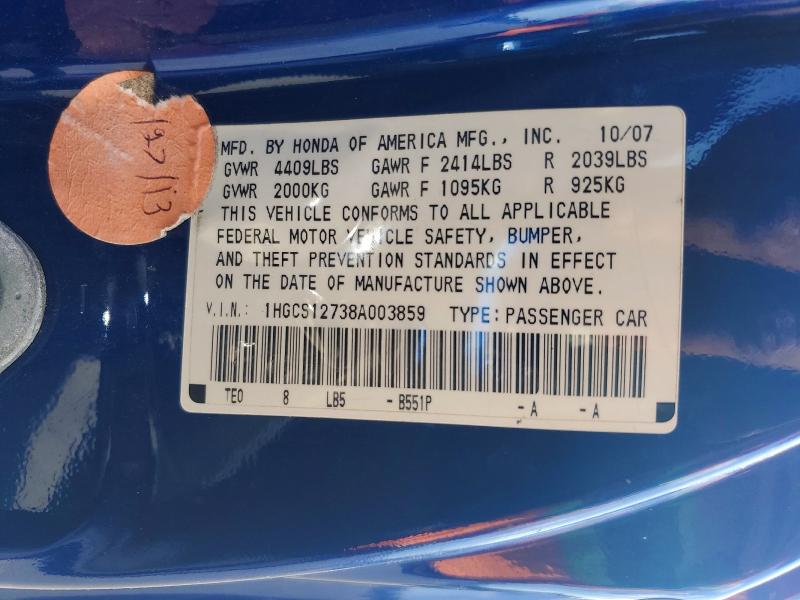 62726496 :رقم المزاد ، 1HGCS12738A003859 vin ، 2008 Honda Accord مزاد بيع
