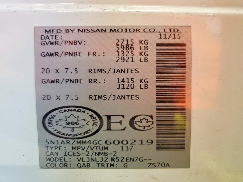 62462076 :رقم المزاد ، 5N1AR2MM4GC600219 vin ، 2016 Nissan Pathfinder مزاد بيع