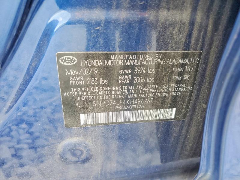 60453586 :رقم المزاد ، 5NPD74LF4KH496267 vin ، 2019 Hyundai Elantra مزاد بيع
