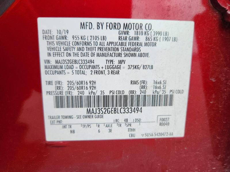 61220586 :رقم المزاد ، MAJ3S2GE8LC333494 vin ، 2020 Ford Ecosport مزاد بيع