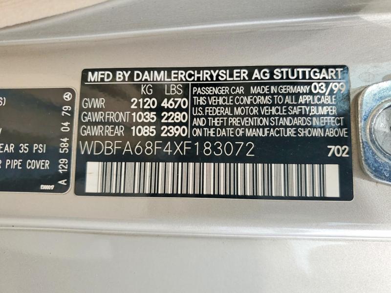Aukcja sprzedaży 1999 Mercedes-benz Sl, vin: WDBFA68F4XF183072, numer aukcji: 60930926