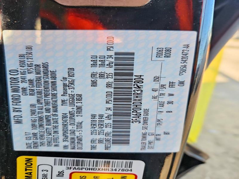 Aukcja sprzedaży 2017 Ford Fusion, vin: 3FA6P0HDXHR347804, numer aukcji: 60707126