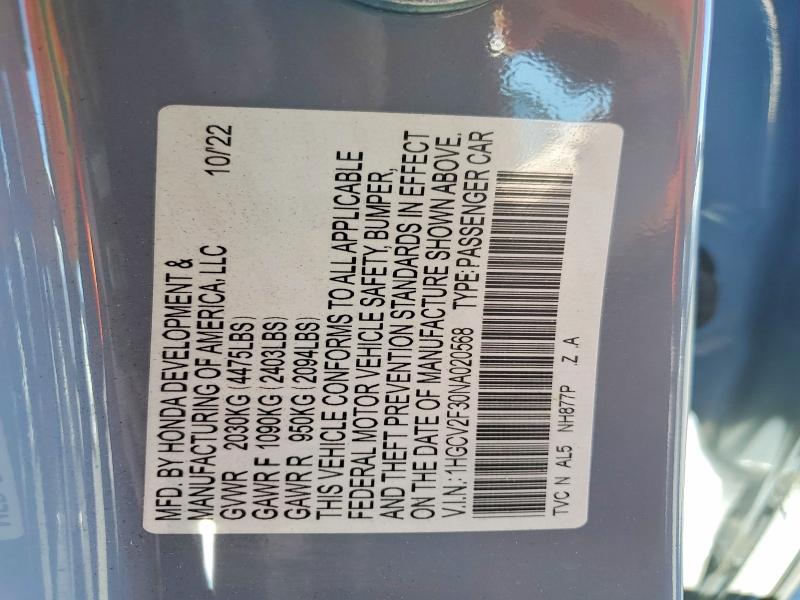 Aukcja sprzedaży 2022 Honda Accord, vin: 1HGCV2F30NA020568, numer aukcji: 60600926