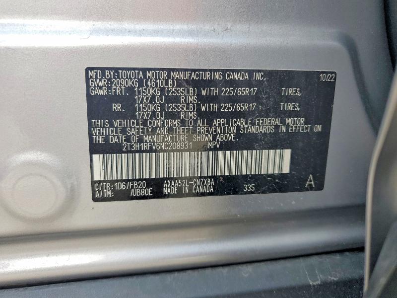 2022 Toyota Rav4 მანქანა იყიდება აუქციონზე, vin: 2T3H1RFV6NC208931, აუქციონის ნომერი: 61729136