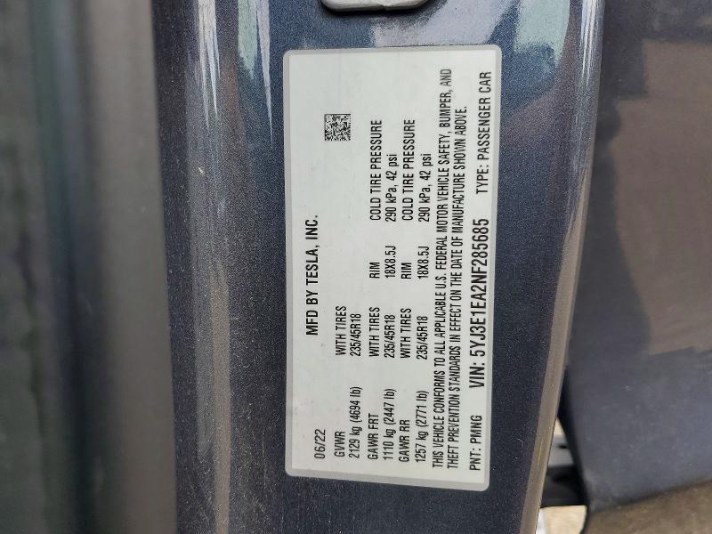 Продаж на аукціоні авто 2022 Tesla Model 3, vin: 5YJ3E1EA2NF285685, номер лоту: 62446836
