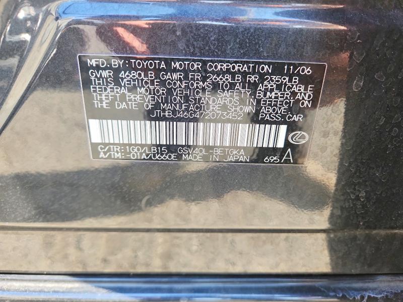 2007 Lexus Es მანქანა იყიდება აუქციონზე, vin: JTHBJ46G472073452, აუქციონის ნომერი: 61112696