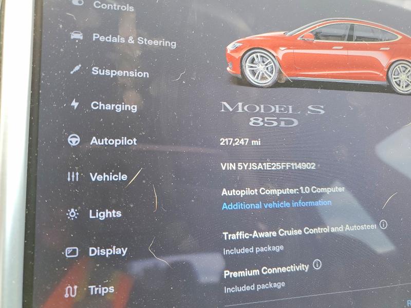 2015 Tesla Model S მანქანა იყიდება აუქციონზე, vin: 5YJSA1E25FF114902, აუქციონის ნომერი: 62513186