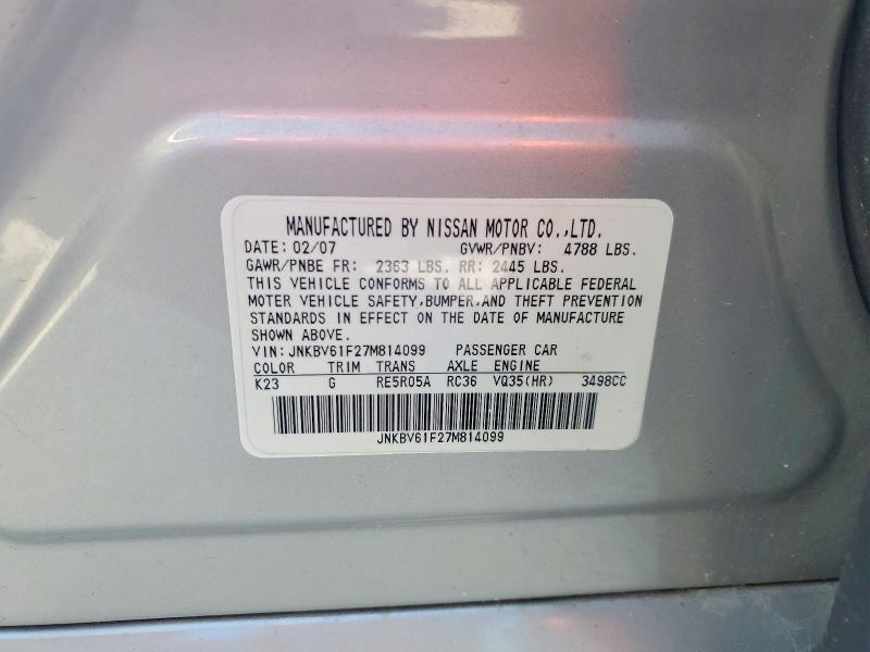 59053386 :رقم المزاد ، JNKBV61F27M814099 vin ، 2007 Infiniti G35 مزاد بيع