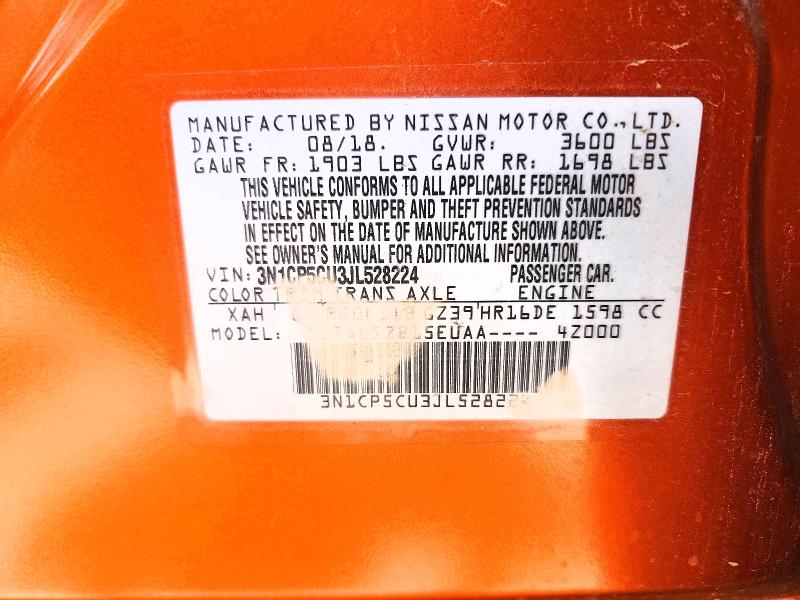 2018 Nissan Kicks მანქანა იყიდება აუქციონზე, vin: 3N1CP5CU3JL528224, აუქციონის ნომერი: 61114836