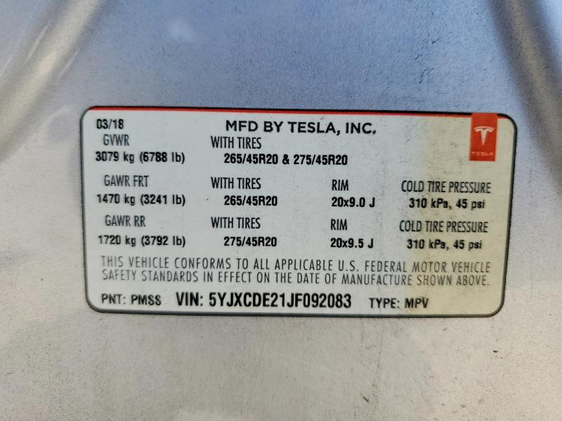 Продаж на аукціоні авто 2018 Tesla Model X, vin: 5YJXCDE21JF092083, номер лоту: 61958276
