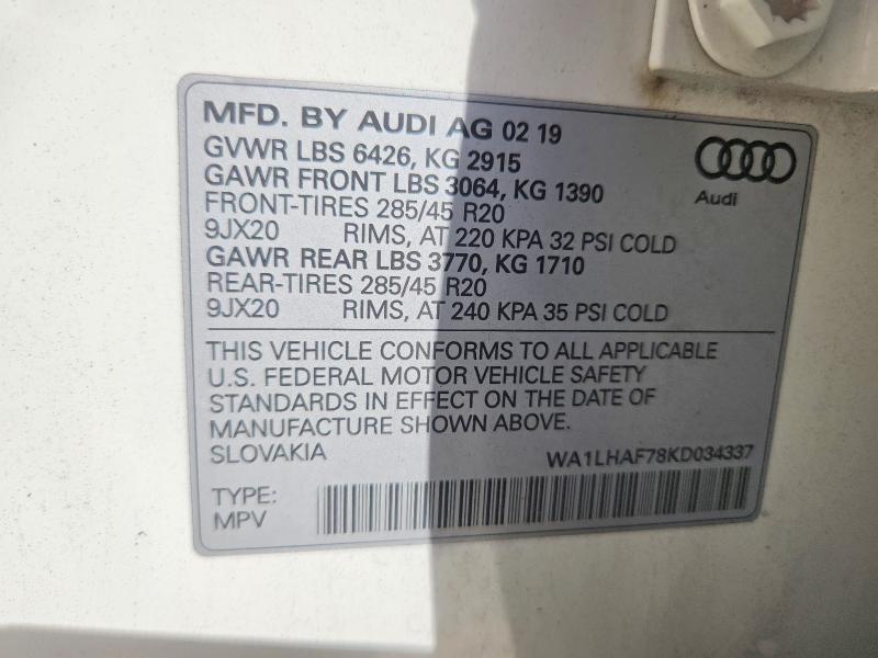 Aukcja sprzedaży 2019 Audi Q7, vin: WA1LHAF78KD034337, numer aukcji: 59198506