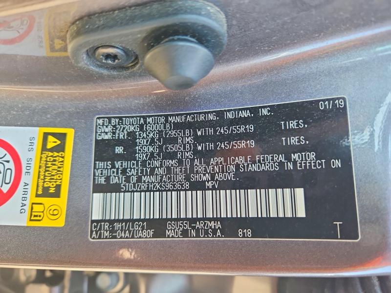 Продажа на аукционе авто 2019 Toyota Highlander, vin: 5TDJZRFH2KS963638, номер лота: 63509906