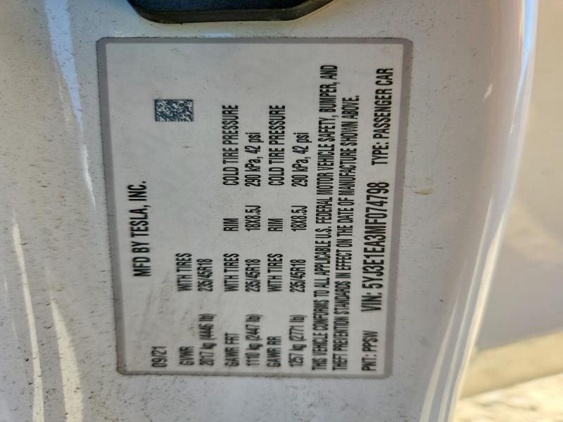 61835816 :رقم المزاد ، 5YJ3E1EA3MF074798 vin ، 2021 Tesla Model 3 مزاد بيع