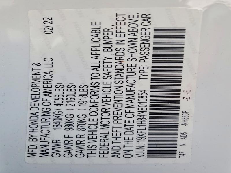 Продажа на аукционе авто 2022 Honda Civic, vin: 19XFL1H84NE010854, номер лота: 60383116
