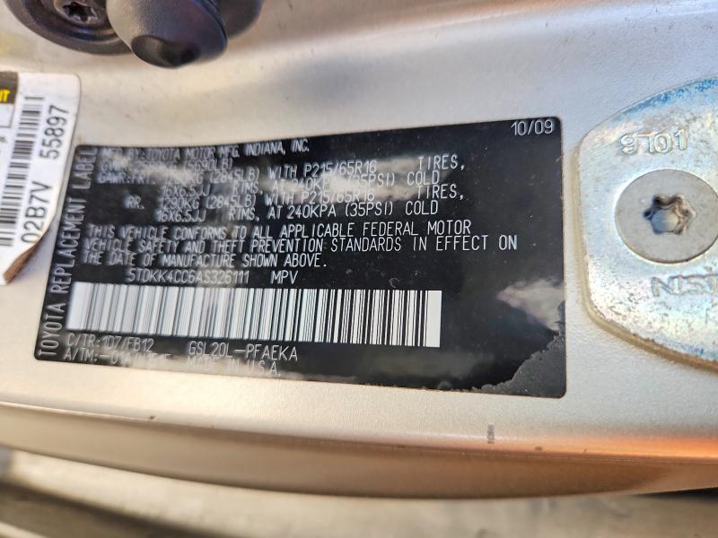60416926 :رقم المزاد ، 5TDKK4CC6AS326111 vin ، 2010 Toyota Sienna مزاد بيع