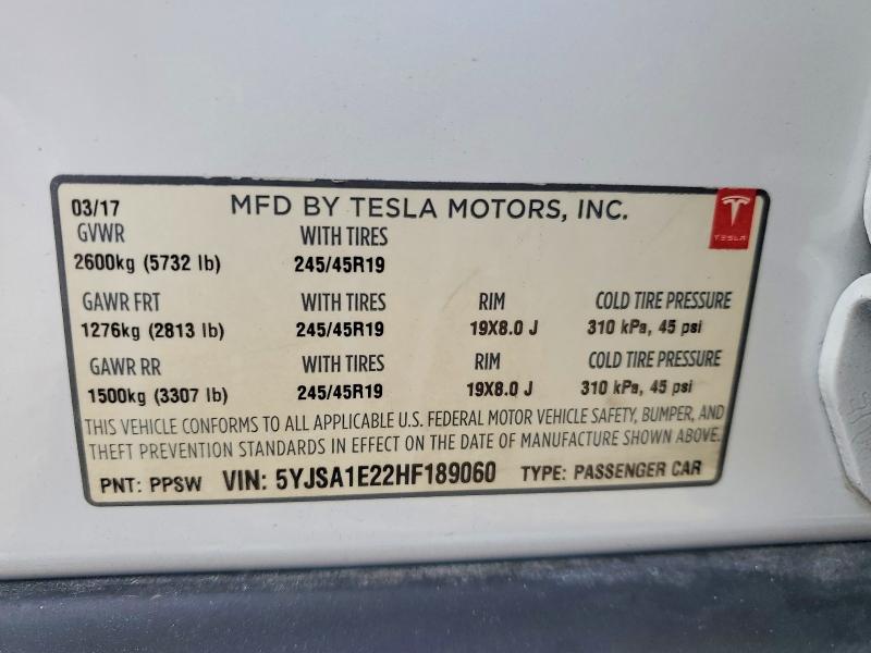 Продаж на аукціоні авто 2017 Tesla Model S, vin: 5YJSA1E22HF189060, номер лоту: 62314066