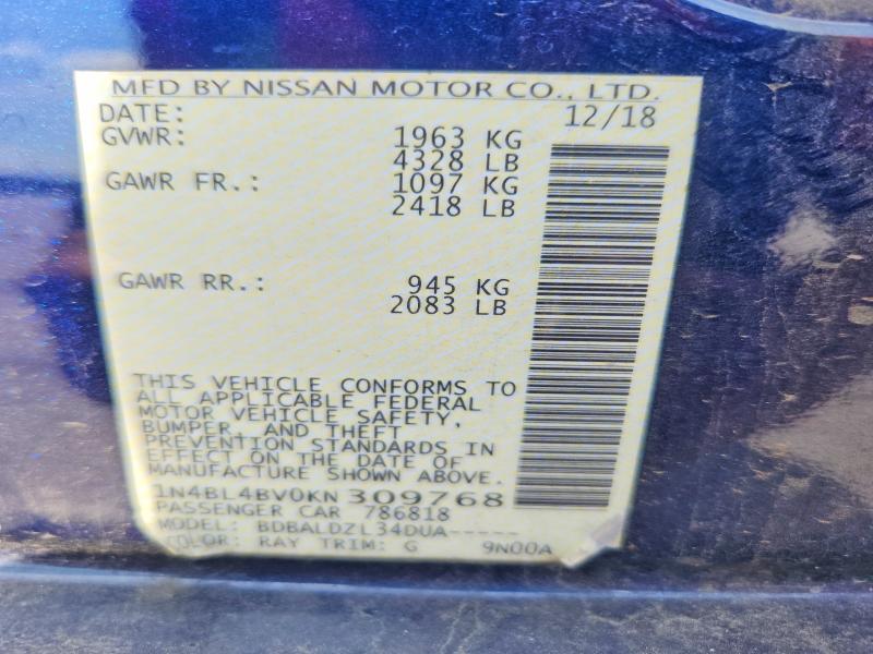 2019 Nissan Altima მანქანა იყიდება აუქციონზე, vin: 1N4BL4BV0KN309768, აუქციონის ნომერი: 60928806