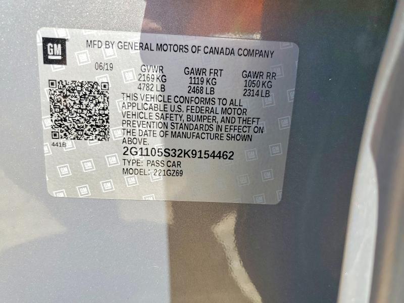 60721736 :رقم المزاد ، 2G1105S32K9154462 vin ، 2019 Chevrolet Impala مزاد بيع