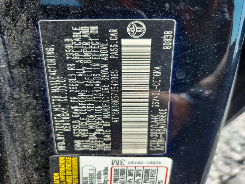 2007 Toyota Camry მანქანა იყიდება აუქციონზე, vin: 4T1BK46K57U542065, აუქციონის ნომერი: 63248856