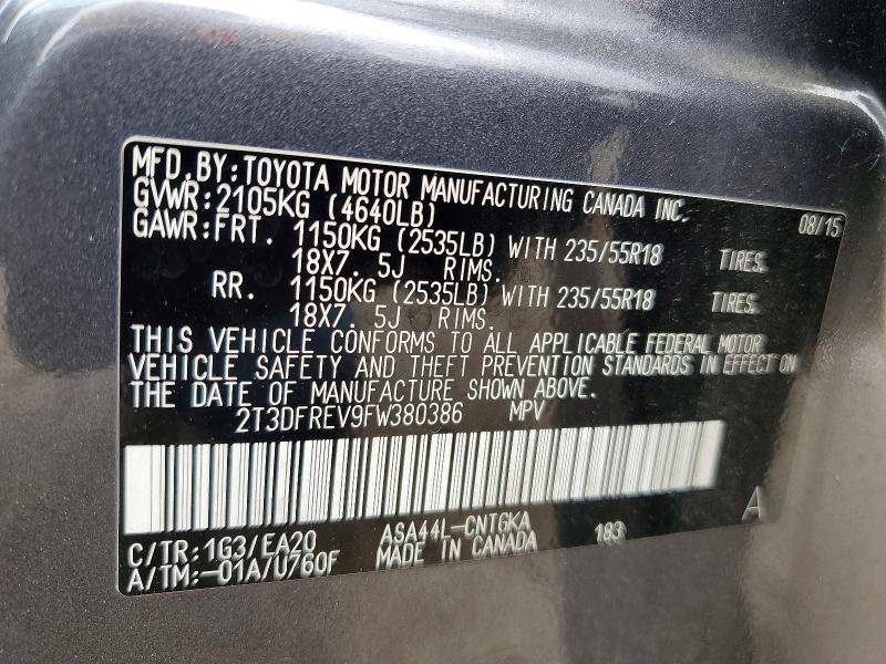 Продажа на аукционе авто 2015 Toyota Rav4, vin: 2T3DFREV9FW380386, номер лота: 59691056