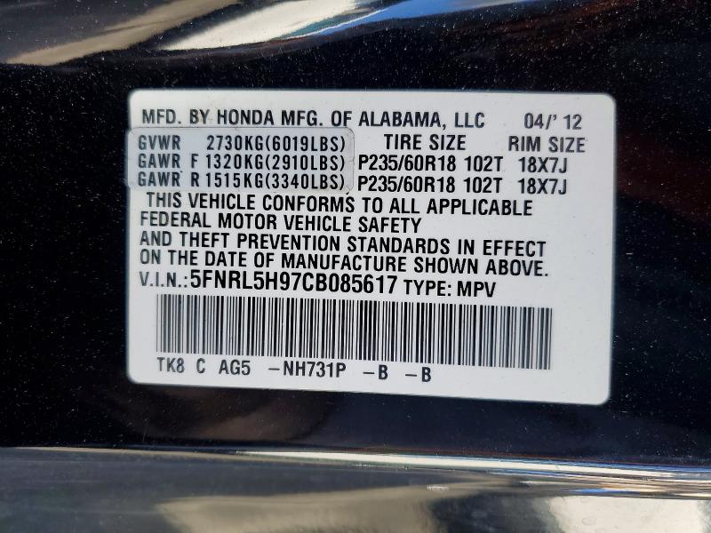 Auction sale of the 2012 Honda Odyssey, vin: 5FNRL5H97CB085617, lot number: 61985966