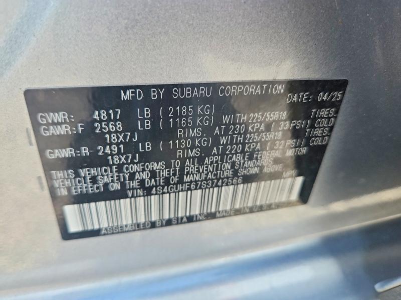 2025 Subaru Crosstrek მანქანა იყიდება აუქციონზე, vin: 4S4GUHF67S3742566, აუქციონის ნომერი: 60250386