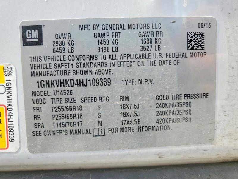 Aukcja sprzedaży 2017 Chevrolet Traverse, vin: 1GNKVHKD4HJ109339, numer aukcji: 60835036