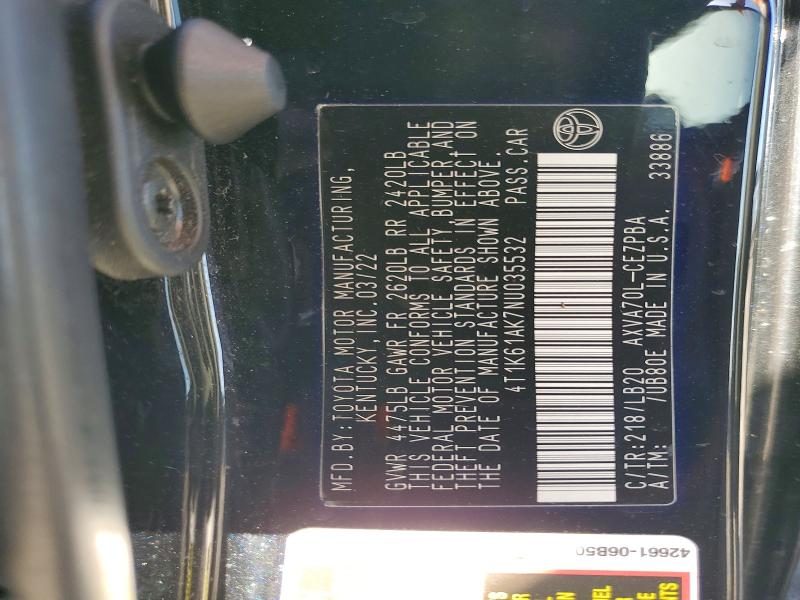 Продажа на аукционе авто 2022 Toyota Camry, vin: 4T1K61AK7NU035532, номер лота: 62709886