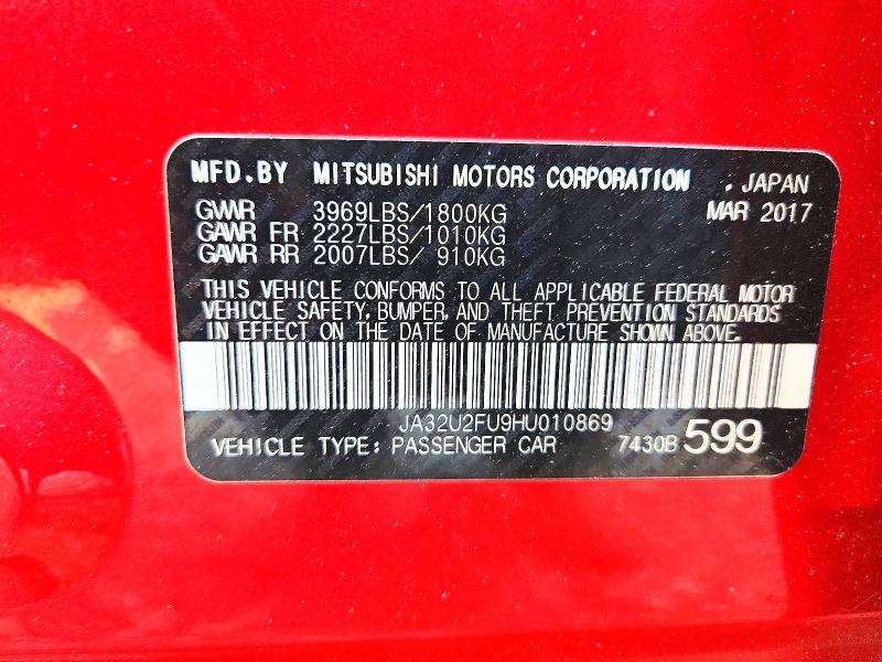 Aukcja sprzedaży 2017 Mitsubishi Lancer, vin: JA32U2FU9HU010869, numer aukcji: 61972386