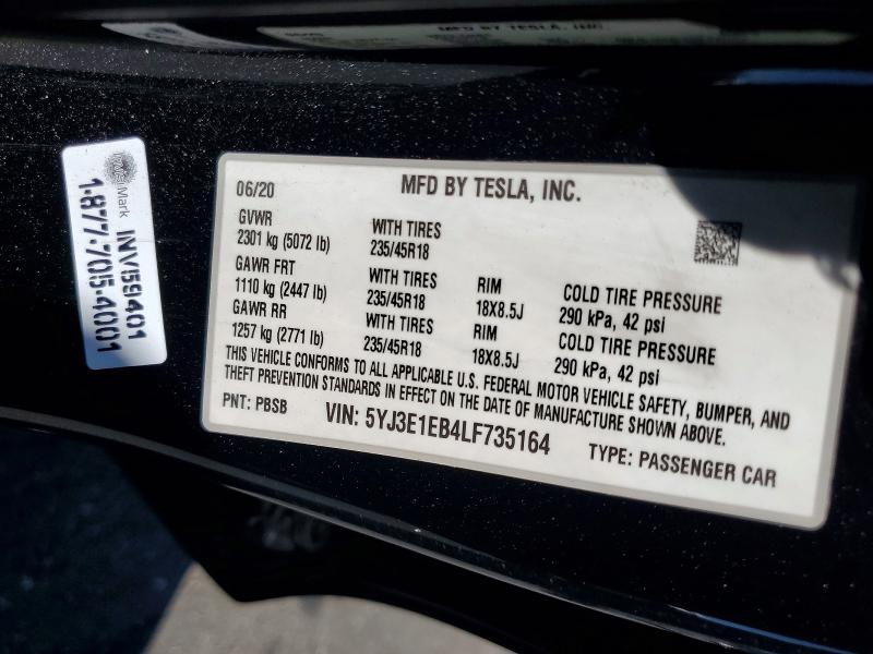 60870126 :رقم المزاد ، 5YJ3E1EB4LF735164 vin ، 2020 Tesla Model 3 مزاد بيع