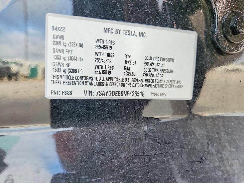 2022 Tesla Model Y მანქანა იყიდება აუქციონზე, vin: 7SAYGDEE0NF426518, აუქციონის ნომერი: 59171976