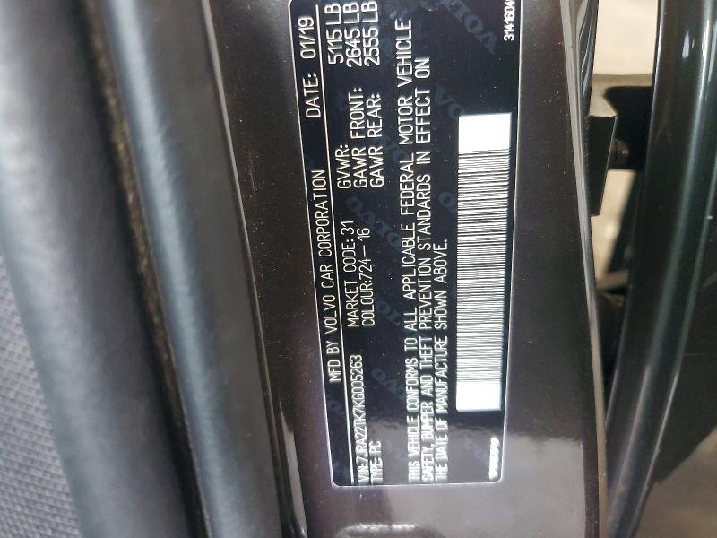 61140816 :رقم المزاد ، 7JRA22TK7KG005263 vin ، 2019 Volvo S60 مزاد بيع
