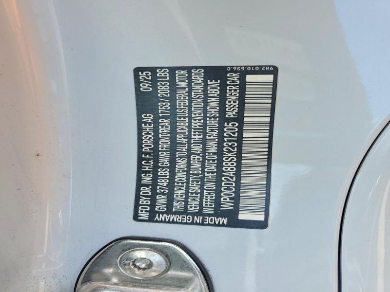 60000796 :رقم المزاد ، WP0CD2A88SK231205 vin ، 2025 Porsche Boxster مزاد بيع