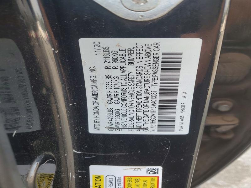 Продажа на аукционе авто 2021 Honda Accord, vin: 1HGCV1F16MA013387, номер лота: 63307566