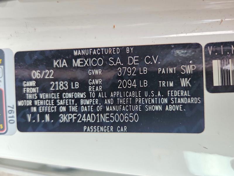 2022 Kia Forte მანქანა იყიდება აუქციონზე, vin: 3KPF24AD1NE500650, აუქციონის ნომერი: 62933536
