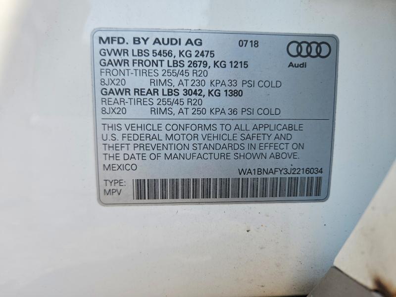 Aukcja sprzedaży 2018 Audi Q5, vin: WA1BNAFY3J2216034, numer aukcji: 62196036